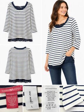 Woman Within Striped Lace Trim Long Sleeve Top L